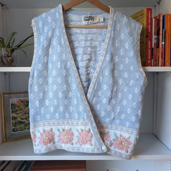 Vintage Jackets & Blazers - Vintage Knitted Vest Light Blue Pink Floral Embroidered Size Medium Cottagecore
